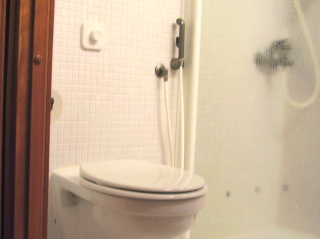 The very useful bum shower hangs on the wall beside the toilet