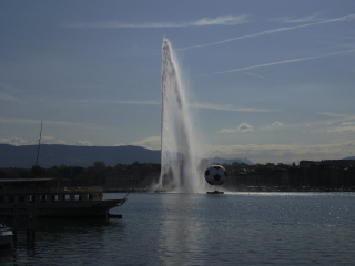 The Jet D'eau and a large inflatable football representing the European Championships